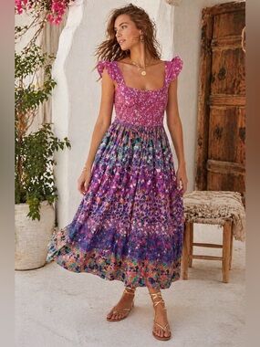 Caroline Constas Floral Smocked Midi Dress Size S Pink Multi